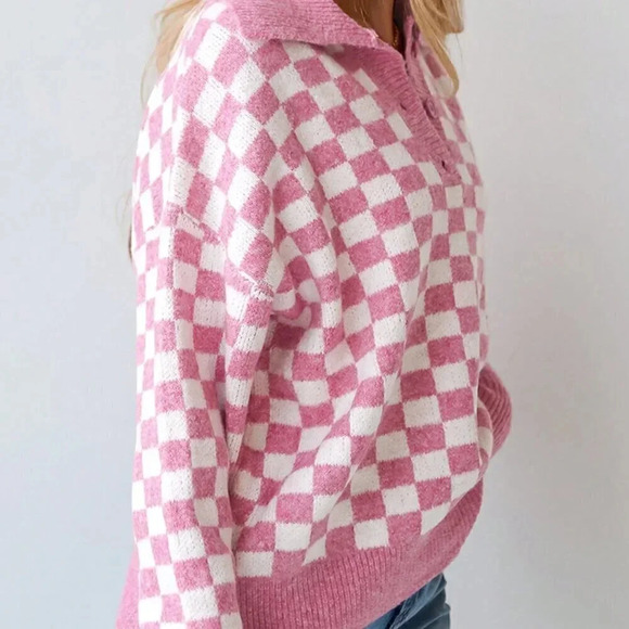 Pink Casual Women's Checkered Buttons Collar V Neck Drop Shoulder Sweater - Picture 2 of 5